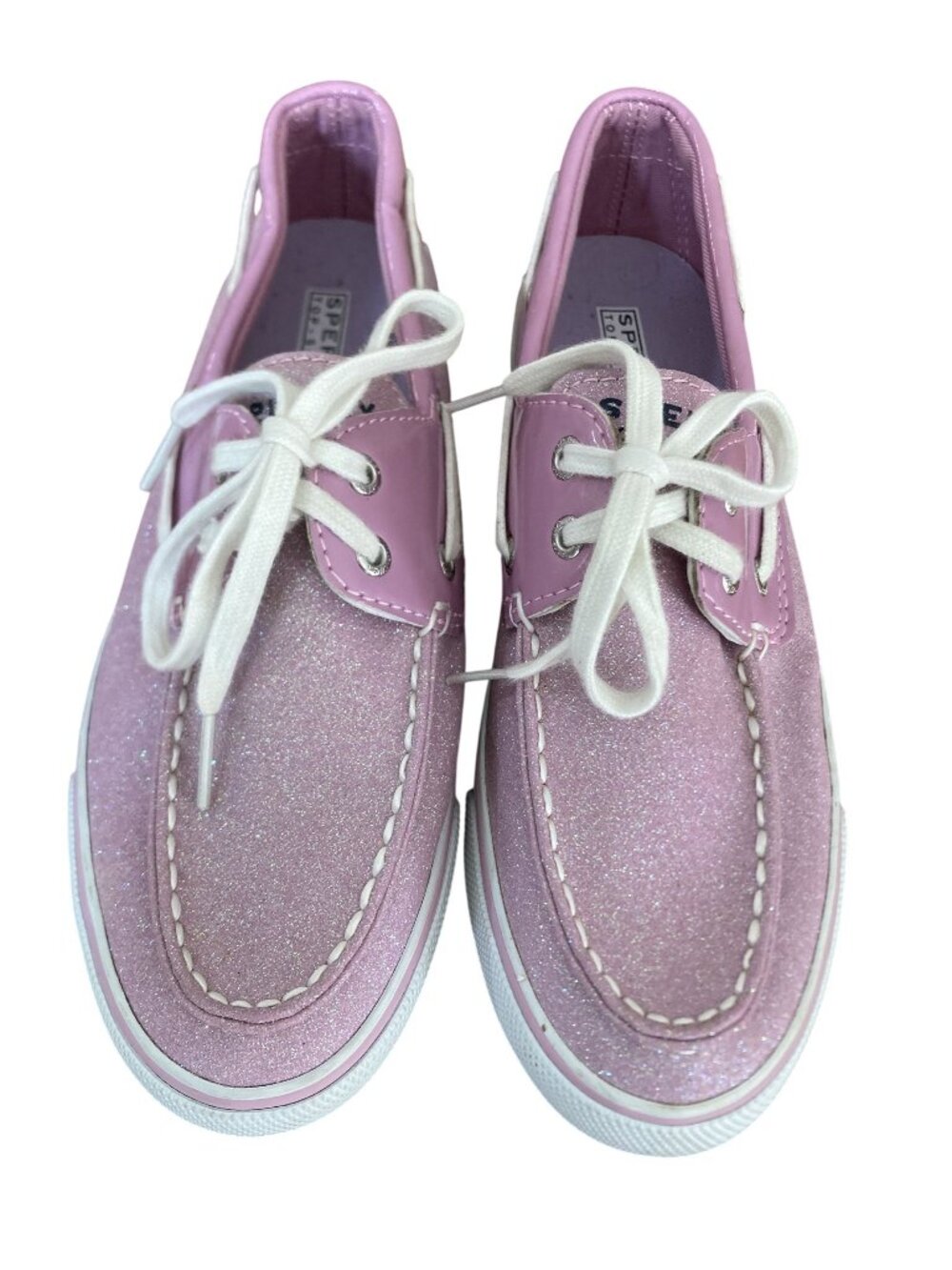 Sperry Womens Pink Glitter Boat Shoes Size 7M With White Laces And Rubber Soles